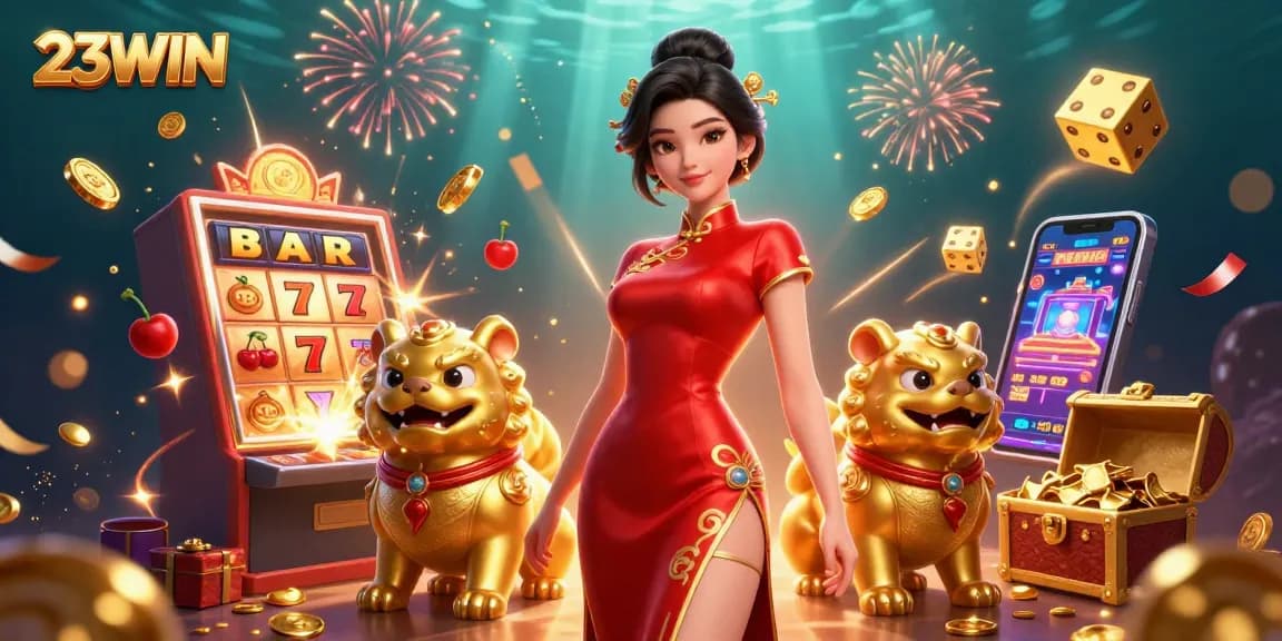 Experience the thrill of 23WIN with a glamorous Asian woman and thrilling casino elements in a vibrant 3D illustration.