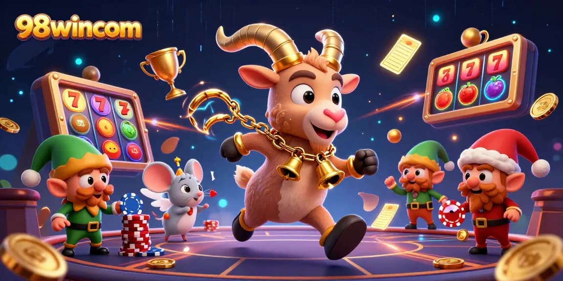 98wincom introduces a playful casino scene with Krampus, angel mouse, and gremlins stealing poker chips.
