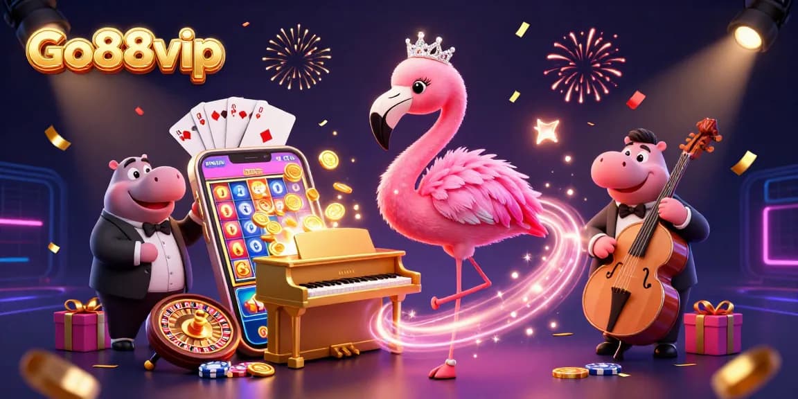 Engage with Go88vip's thrilling casino games through a vibrant illustration showcasing dynamic characters and gaming elements.
