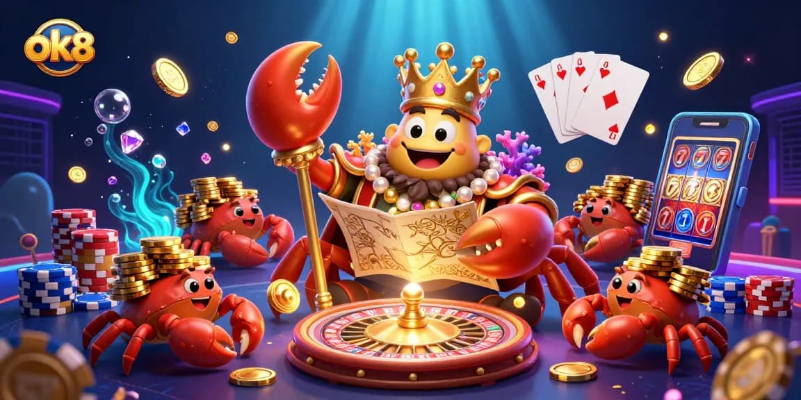 Engage in thrilling casino action at ok8, where a golden crab emperor rules with treasures of gold and gems.