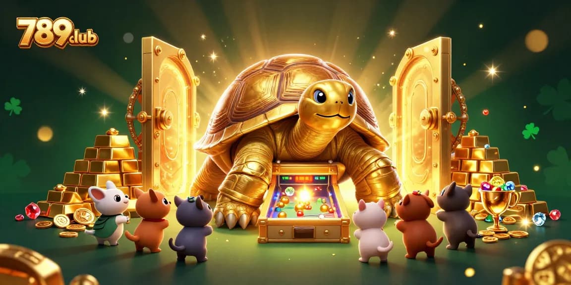 Experience thrilling gameplay at 789club with a golden tortoise pinball machine and treasure vault.