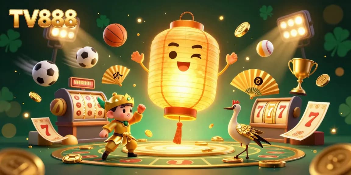 Engage with the vibrant energy of TV888 featuring giant golden lantern spirit and gaming elements in an immersive casino scene.