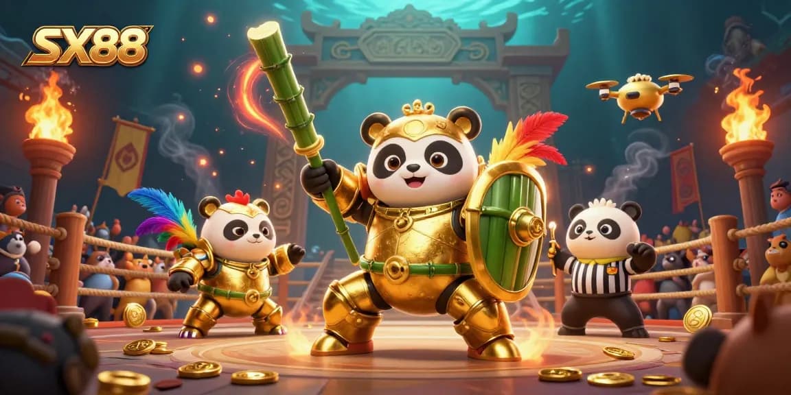 SX88 unleashes excitement in a dynamic cockfighting scene with a mech-suit panda and vibrant arena elements.