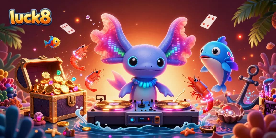 Join the luck8 gaming adventure with vibrant 3D axolotl DJ and treasure-filled underwater scene.