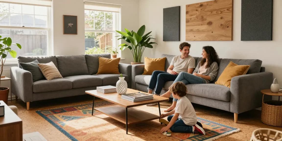 Best flooring for sound insulation in UK homes shown in a stylish living room with cork flooring.