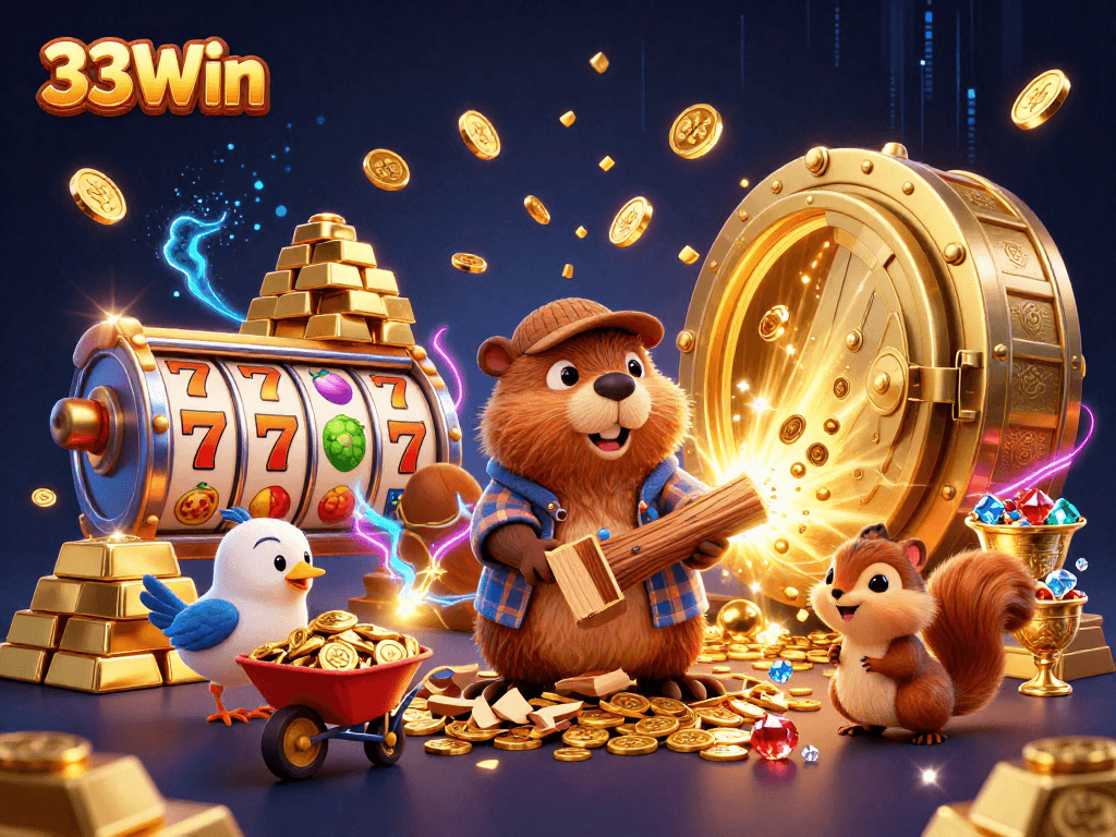 Engage with exciting slots and winnings at 33Win with a beaver, bird, and squirrel around gold treasures.