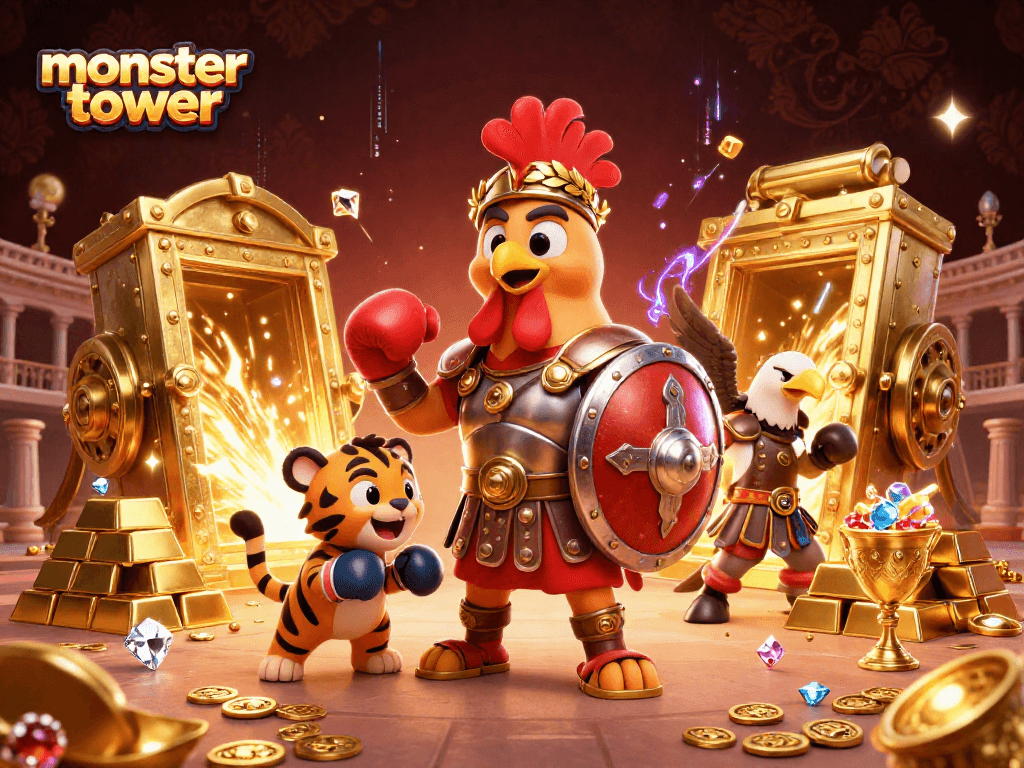 Engage in monster tower adventures with animated characters amid bursting treasure and casino elements.