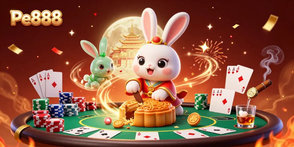 Experience Pe888's vibrant casino scene featuring a moon rabbit and poker elements.