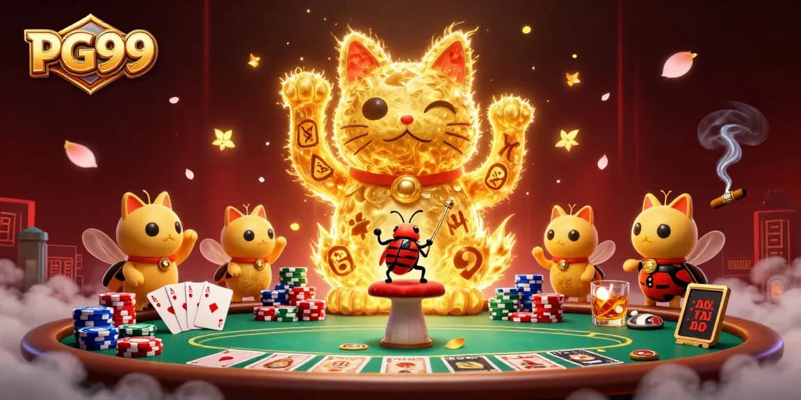Engage with PG99's vibrant casino world featuring golden fireflies and dynamic poker elements.