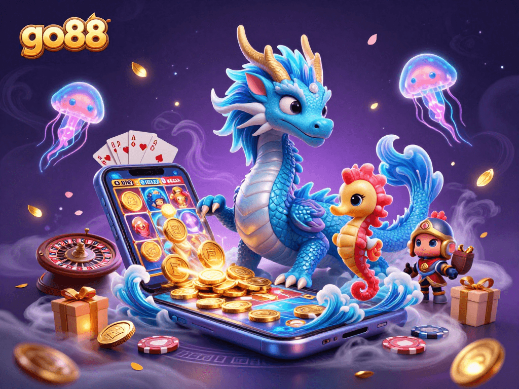 Enjoy thrilling gameplay at go88 with a vibrant scene featuring a dragon and seahorse knight.