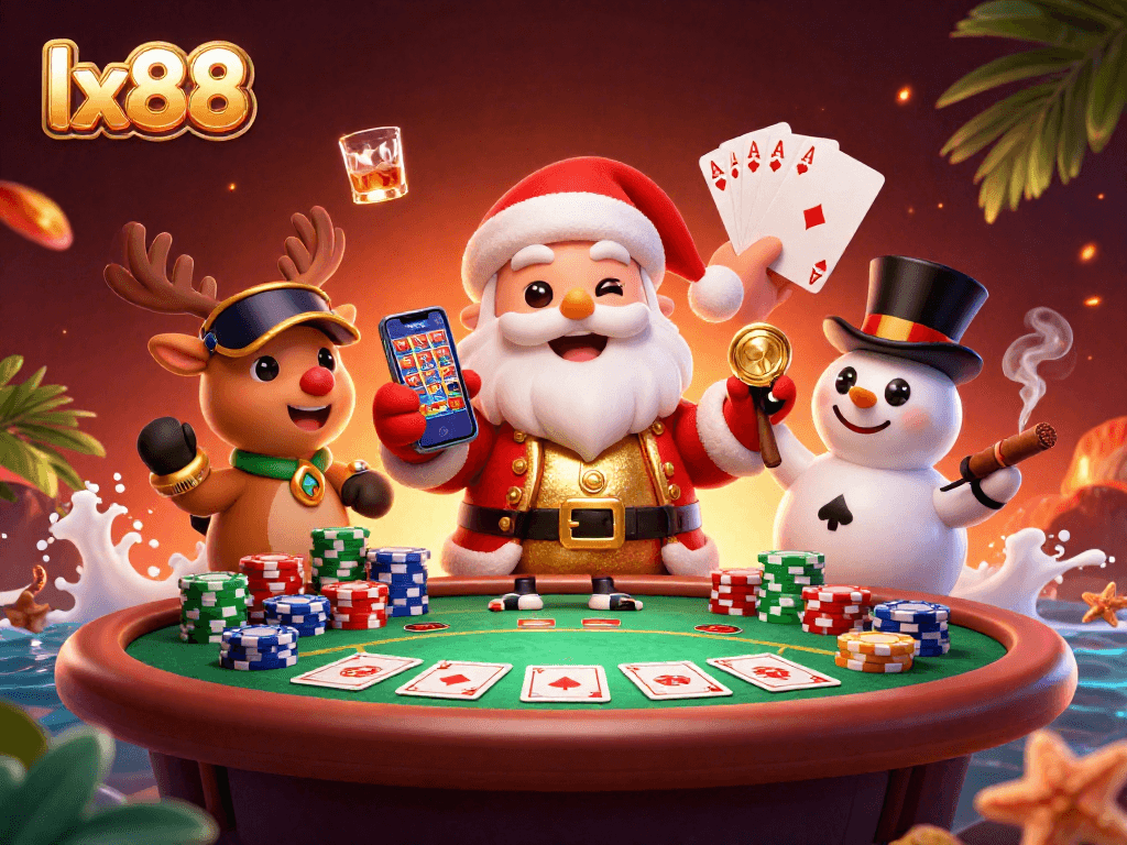 Experience vibrant lx88 casino action with Santa, a reindeer dealer, and a poker chip snowman in a lively gaming scene.