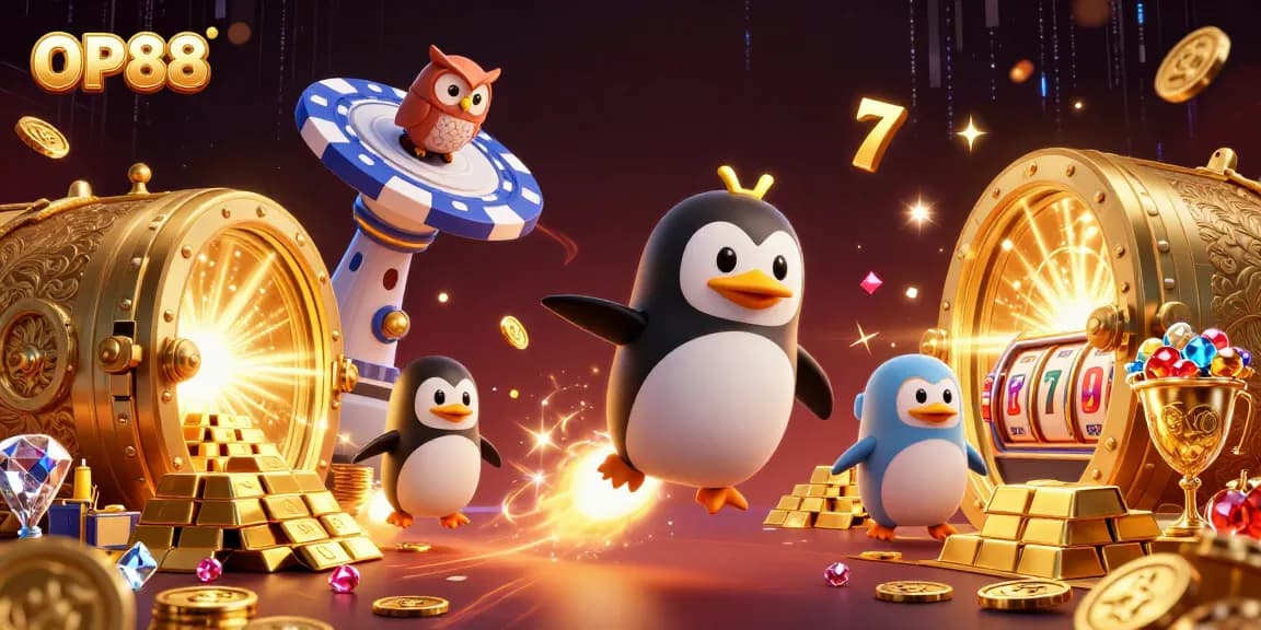 Experience the thrill of OP88 with a magical casino-themed adventure illustration featuring a rocket-powered penguin.