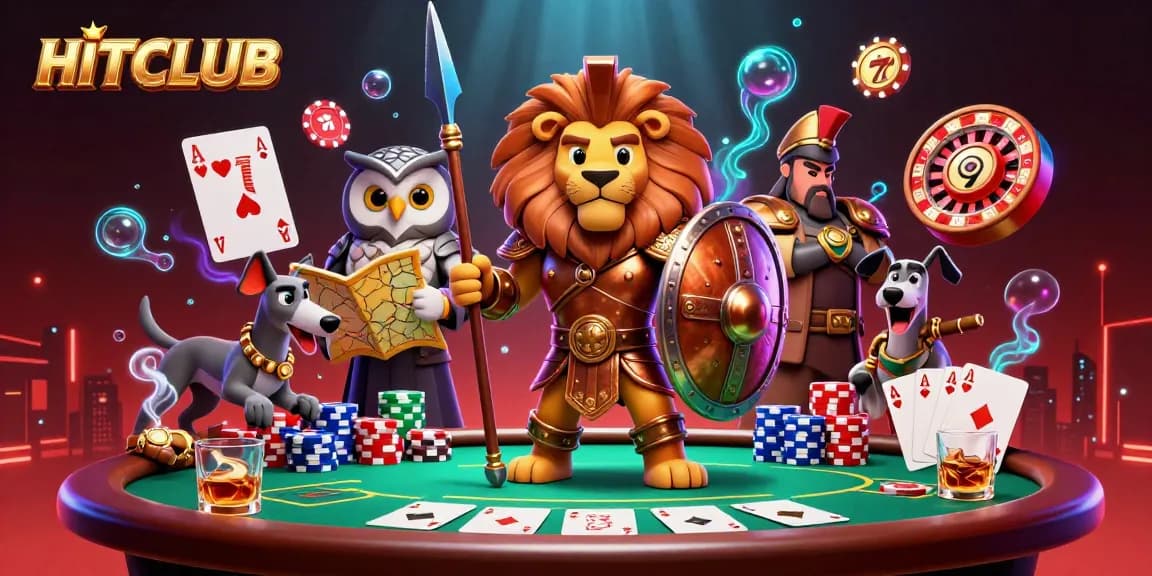 HITCLUB players enjoying an immersive casino experience, featuring poker and slot elements.