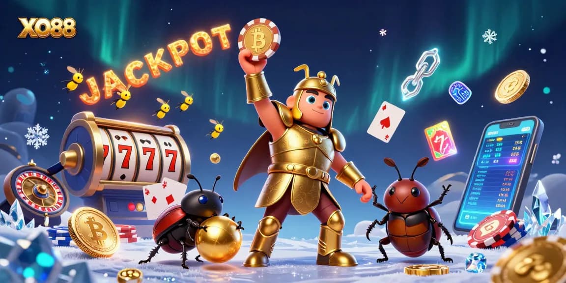 Experience thrilling wins at XO88 with a victorious beetle lifting a jackpot poker chip!