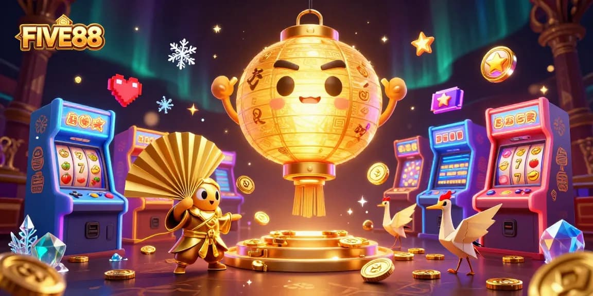 Engage with FIVE88's vibrant 3D gaming world featuring golden lanterns and jackpot symbols.