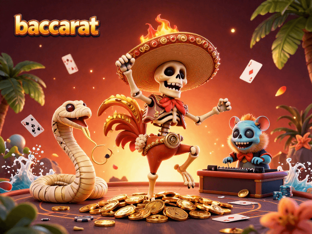 Baccarat-themed playful illustration featuring a skeleton mariachi rooster, mummy snake, and DJ hamster celebrating on a table.
