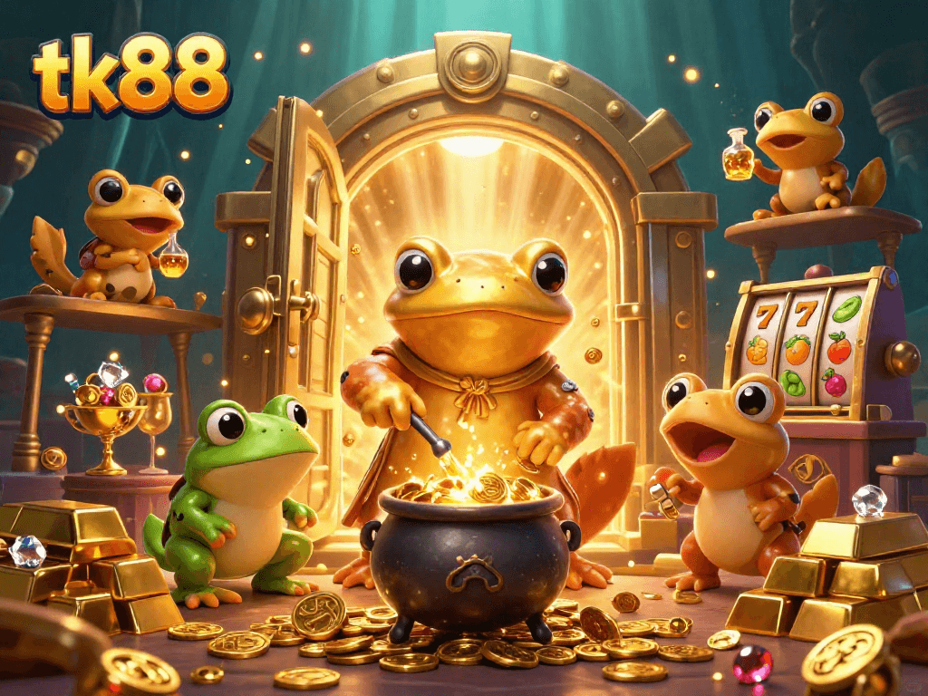 Tk88 engages players with immersive slots, featuring vibrant gold elements and enchanting alchemist characters.