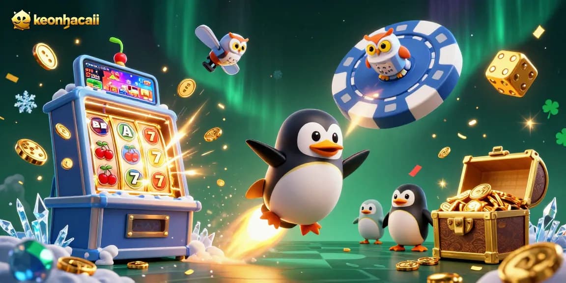 Engage with keonhacaii in a vibrant casino-themed adventure with gold coins, slot machines, and fun characters.