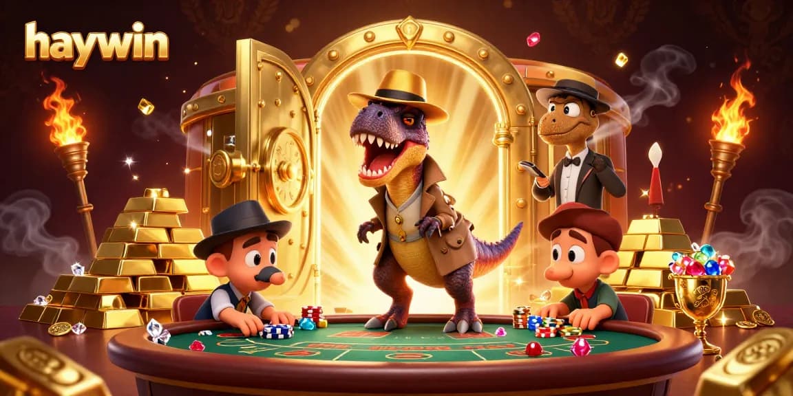 Haywin showcases a velociraptor card counter in a casino scene filled with treasure and excitement.