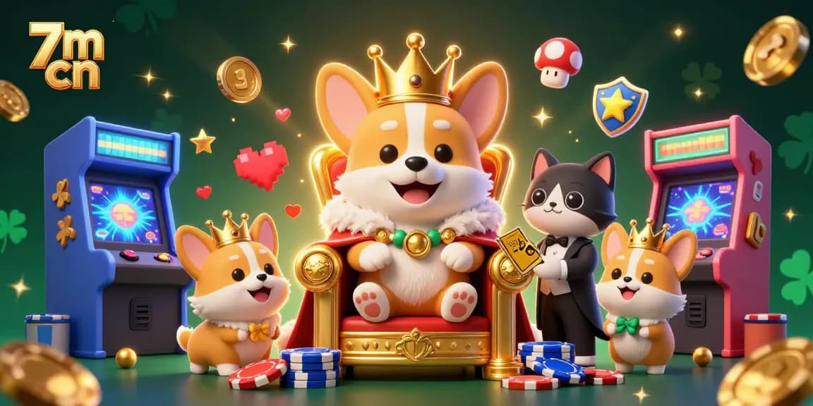 Experience thrilling gaming with 7m cn's royal corgi surrounded by interactive arcade elements and casino glamour.