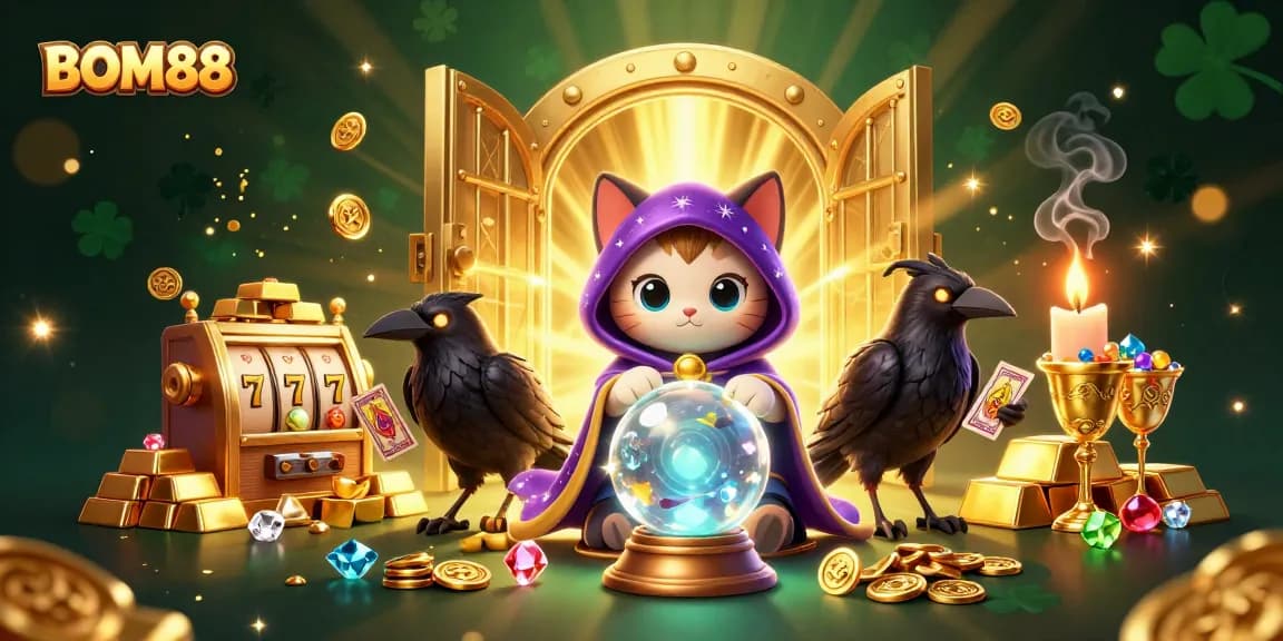 BOM88’s enchanting casino world, showcasing vibrant games amidst magical elements, immersing players in the experience.