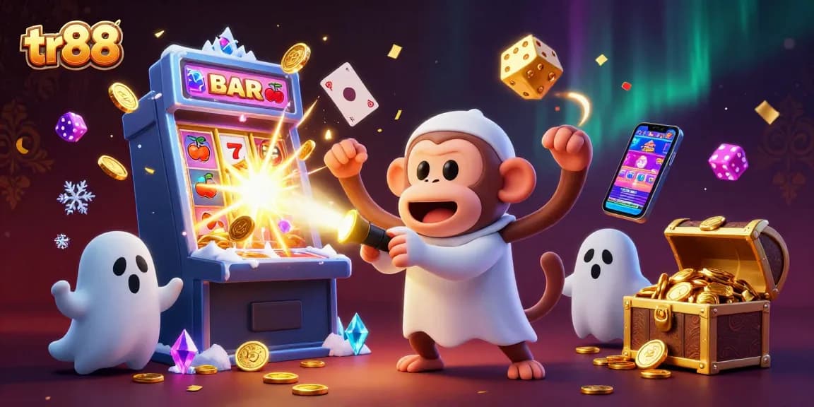 Experience thrilling gameplay at tr88 with a ghostly monkey juggling golden casino treasures.