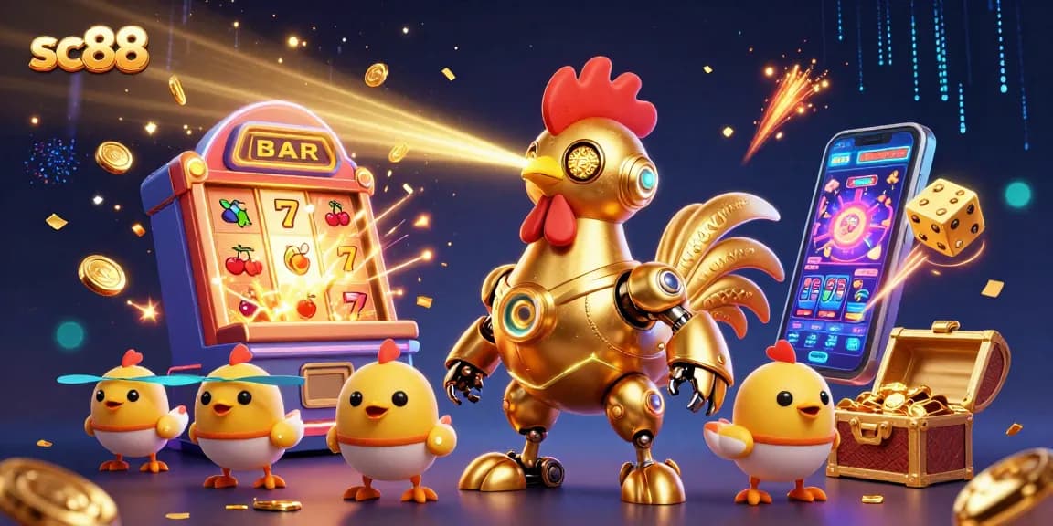Experience the excitement at sc88 with a vibrant 3D cartoon illustration of a golden rooster robot and baby chick drones bursting into action!
