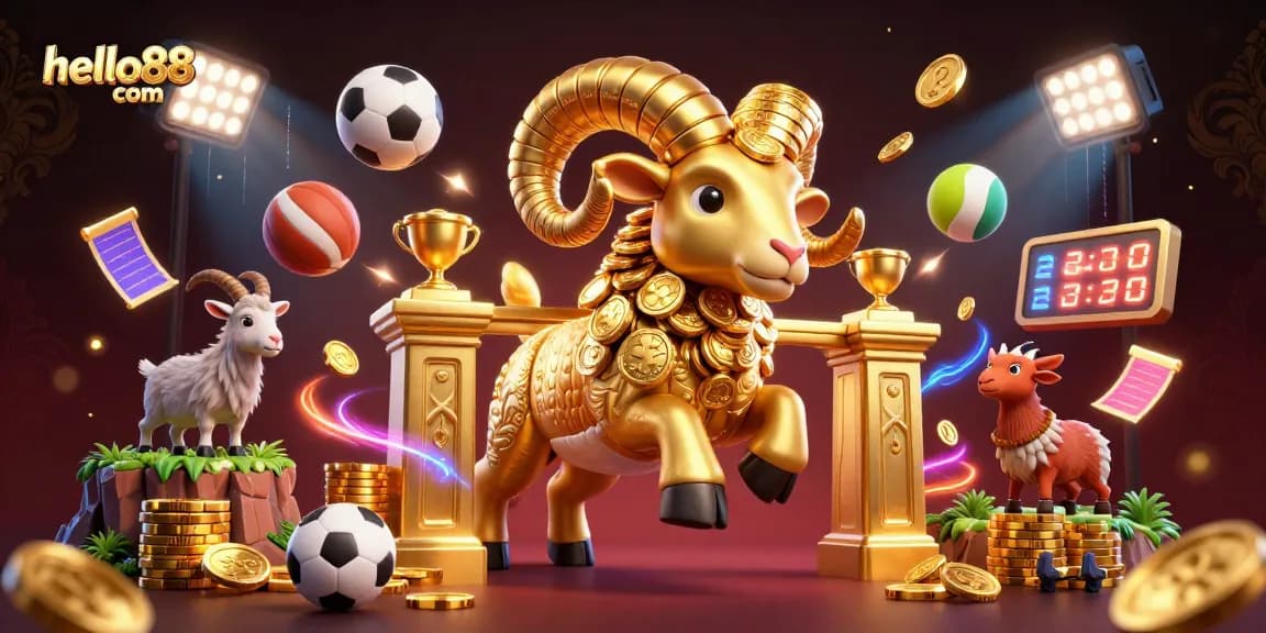 Win big at hello88 com with a majestic golden ram, sports elements, and vibrant casino graphics.