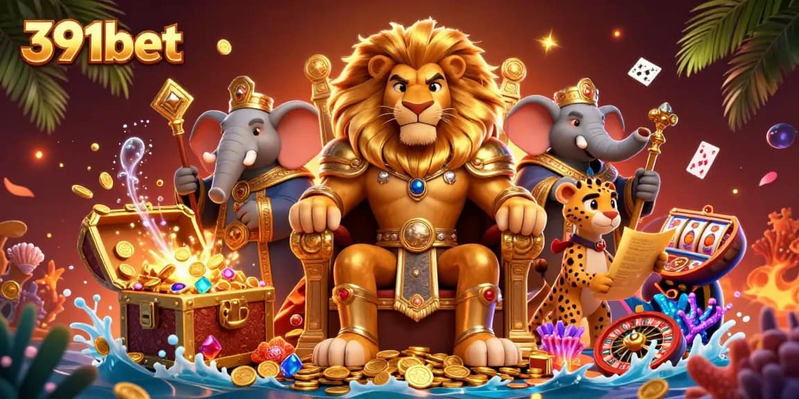 Play exciting games at 391bet with stunning visuals of a royal lion king and casino-themed elements.