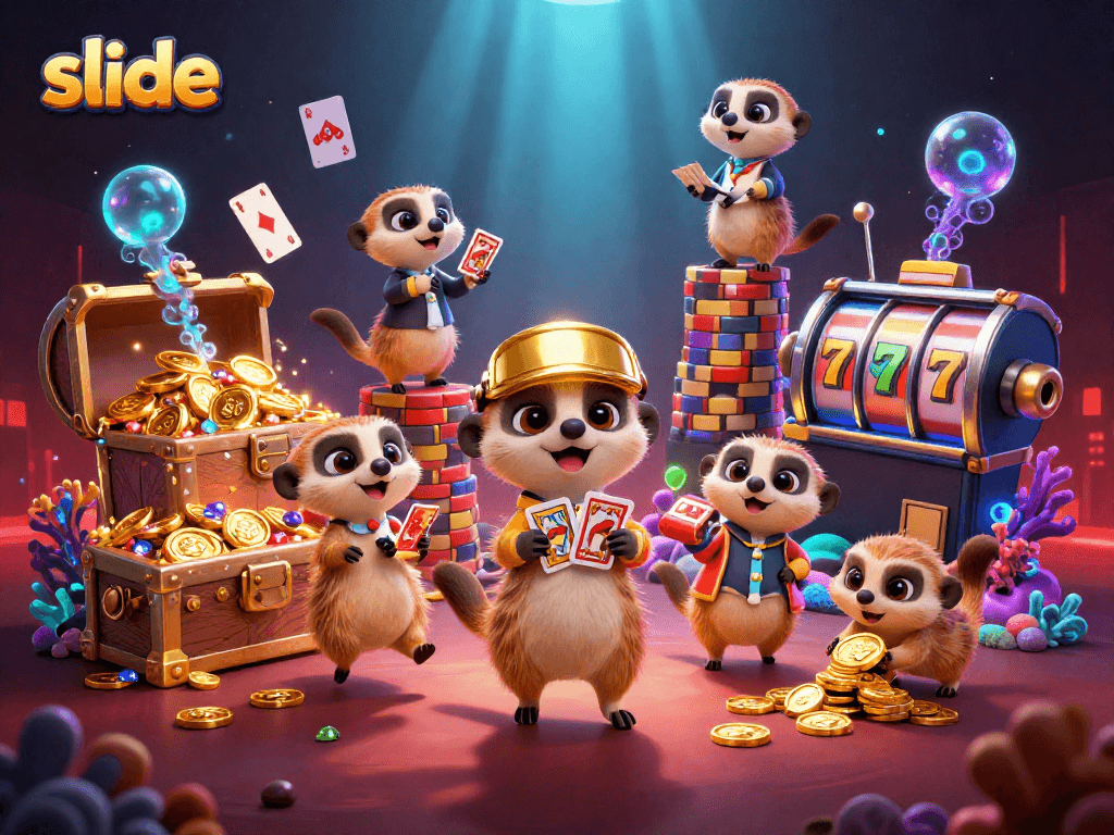 Experience thrilling moments in slide as meerkats play at a vibrant casino with rich, dynamic visuals.