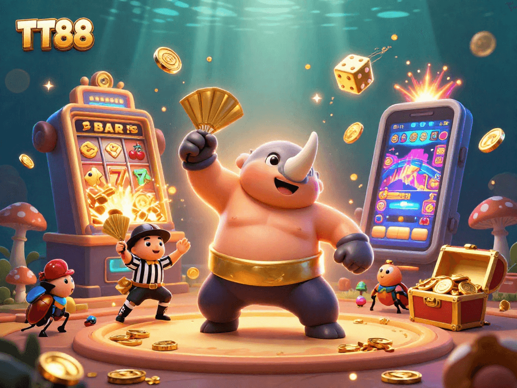 TT88 showcases a dynamic scene with a sumo beetle champion amidst a jackpot explosion.