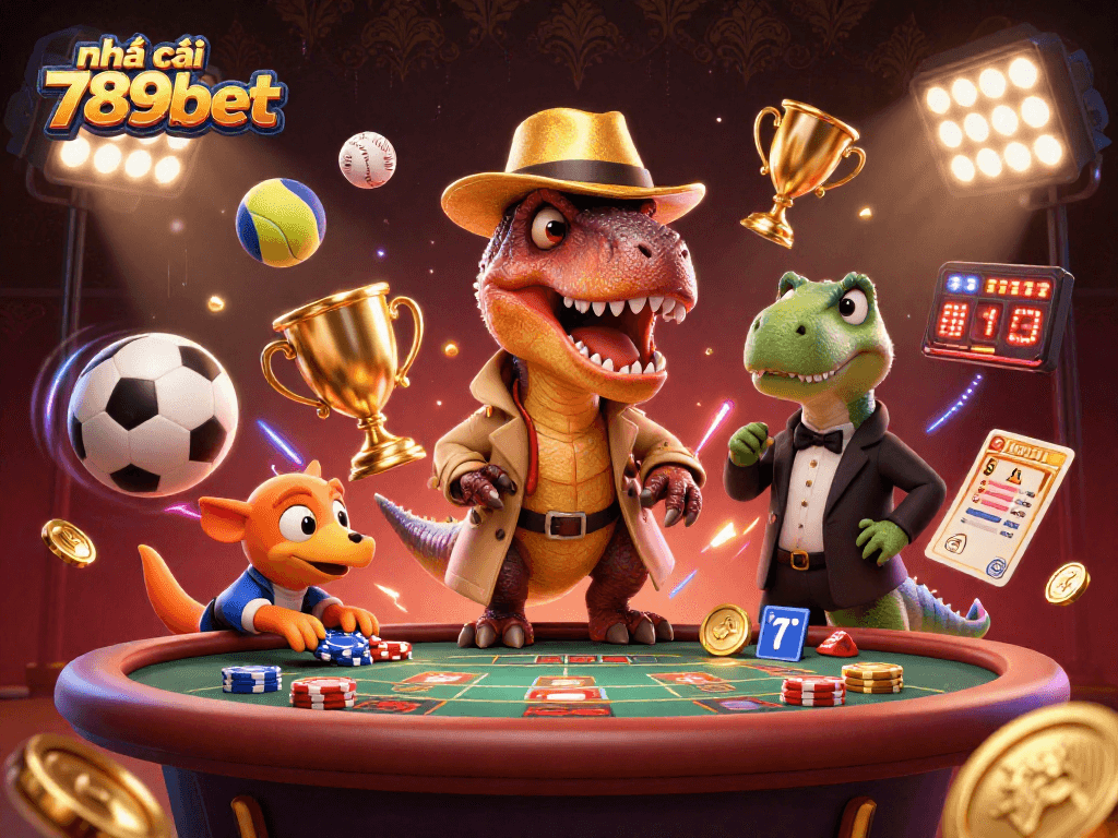 Engage with nhà cái 789bet as the velociraptor card counter navigates a casino scene with excitement.