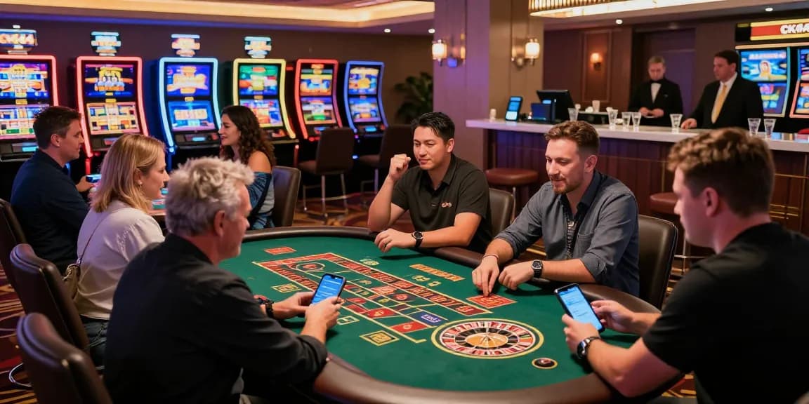 Excited players at CK444 Casino engaging in live dealer games and slots, vibrant lights creating a thrilling atmosphere.