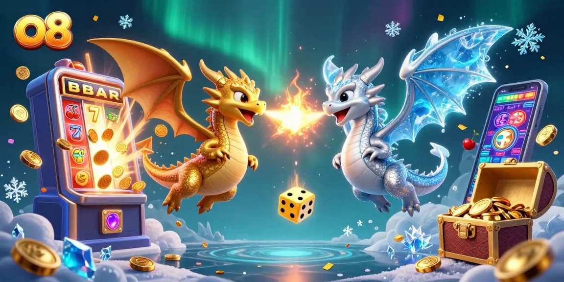 Play with o8: Twin 3D dragons amidst a slot machine jackpot explosion.