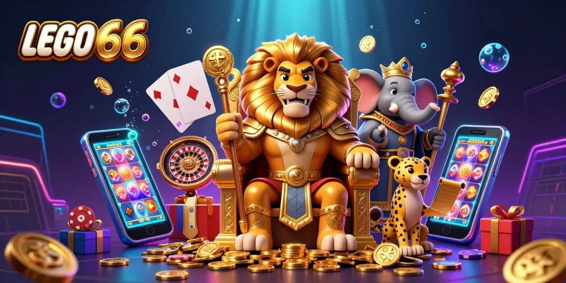 Lego66 slots and jackpots with an animated lion king, elephant advisor, and cheetah messenger amidst a vibrant casino scene.
