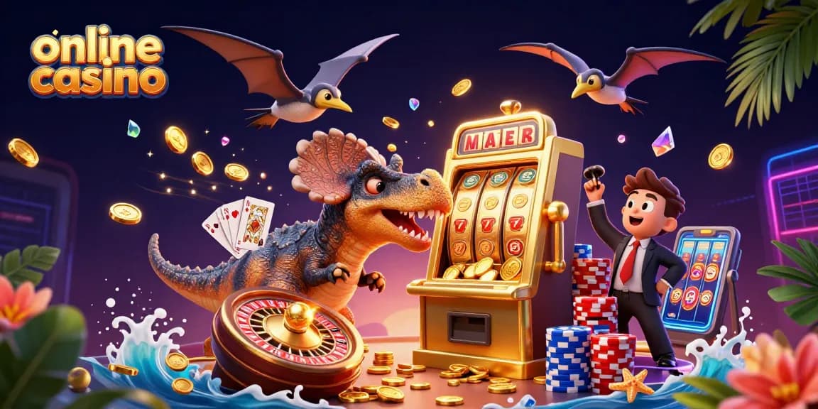 Engaging illustration of an online casino scene with animated dinosaurs and jackpot coins.