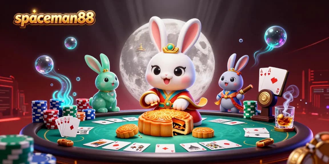 spaceman88 showcases a vibrant casino scene featuring moon rabbits and poker elements.