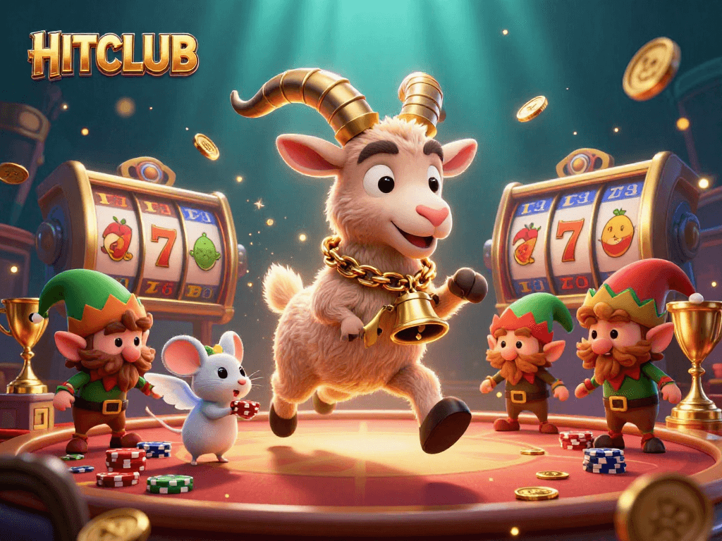 Join HITCLUB's thrilling adventure with festive casino characters and lively slot machines.