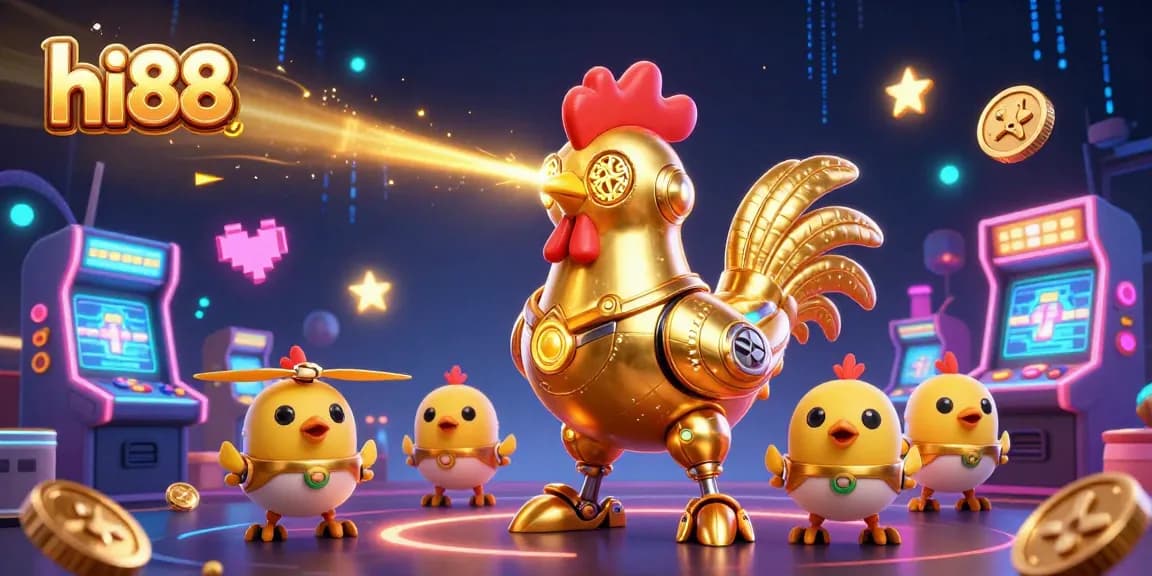 Engage in thrilling gaming adventures at hi88 with a vibrant scene featuring a robotic rooster and arcade elements.