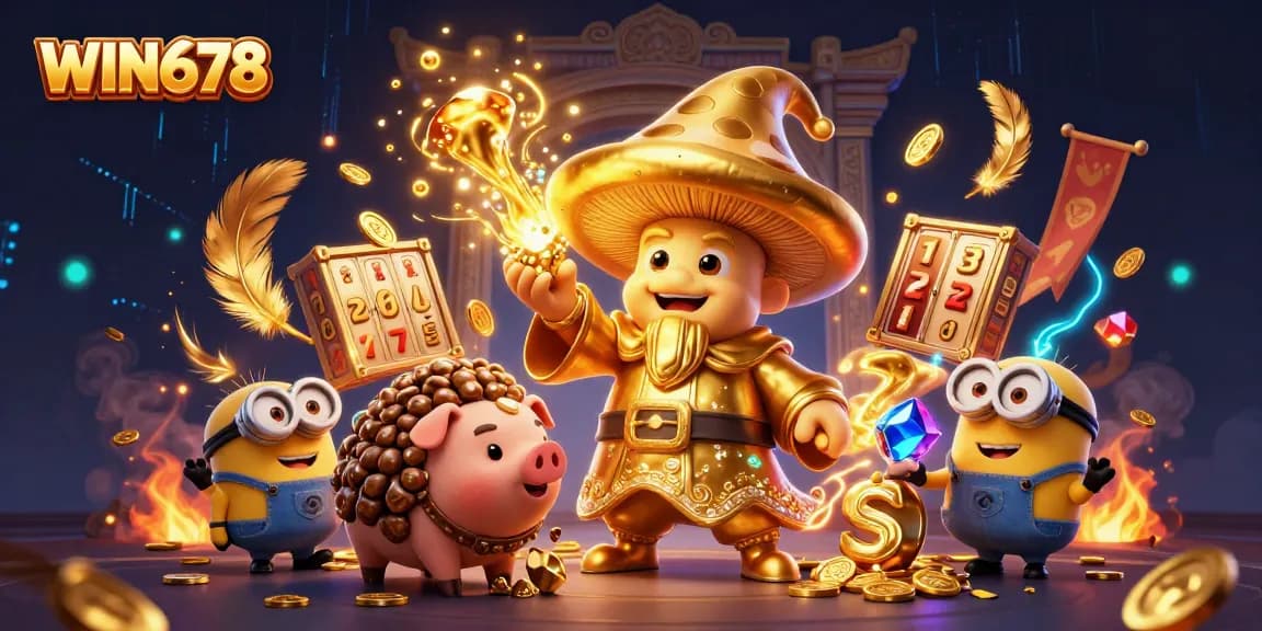 Experience the magic of WIN678 with vibrant slot reels and golden treasures in this dynamic casino scene.