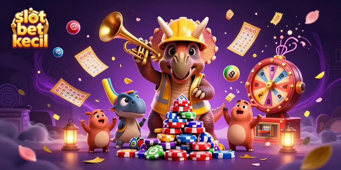 Slot taruhan kecil menunjukkan triceratops merakit chip poker di kasino dengan keceriaan.