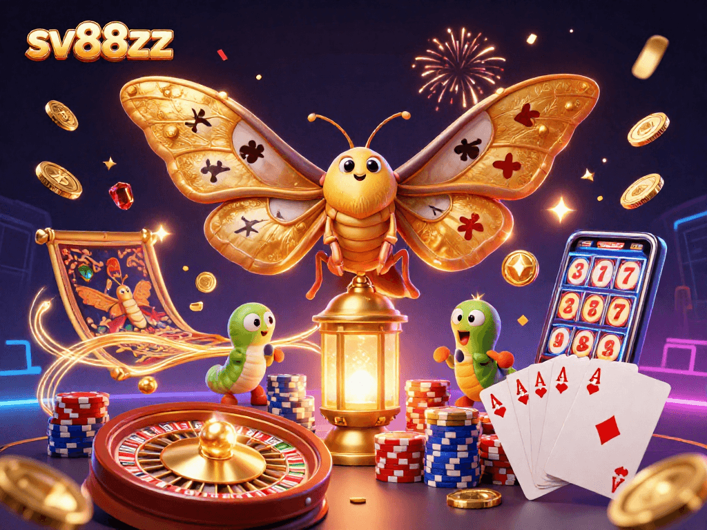 Experience the thrill of sv88zz with an extravagant 3D casino scene filled with vibrant games and riches.