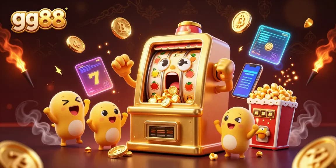 Experience the thrill of gg88 slots as golden coins pour from a joyous slot machine in an exciting, rich illustration.