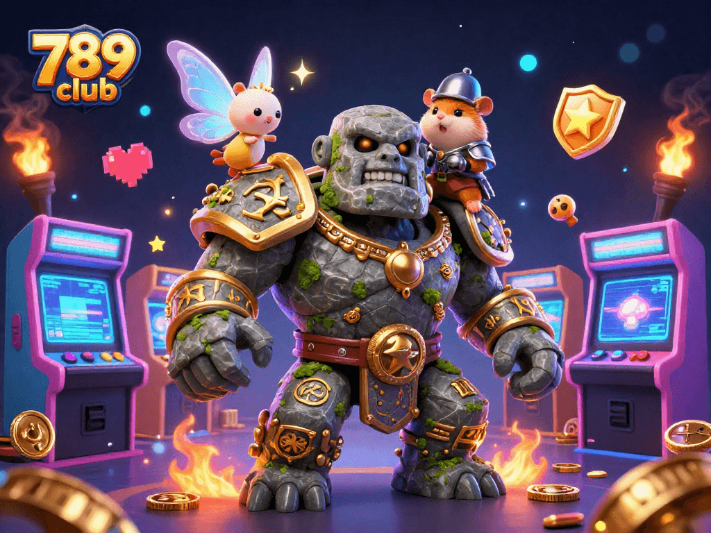 Experience the magic of 789 club with an ancient golem guardian and whimsical fairy in a vibrant casino setting.
