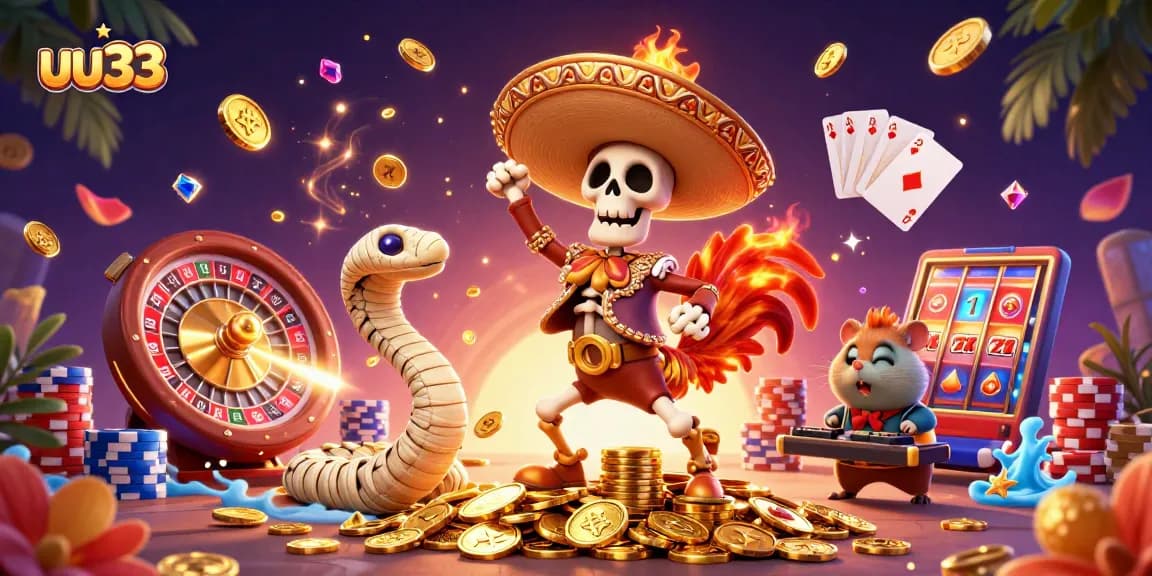 uu33 features a vibrant casino scene with a mariachi rooster and a DJ hamster.