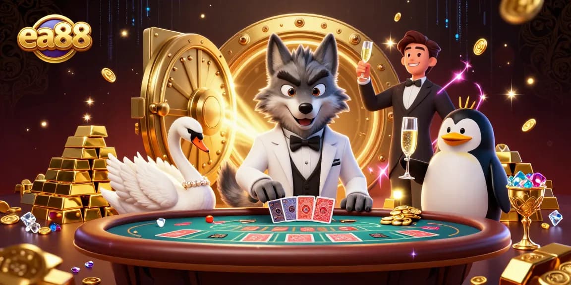 Experience thrilling baccarat action with ea88's debonair wolf and elegant characters.