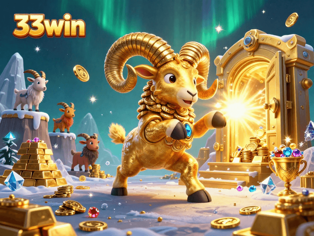 Experience thrilling wins with 33win in this vibrant casino-inspired golden ram illustration.