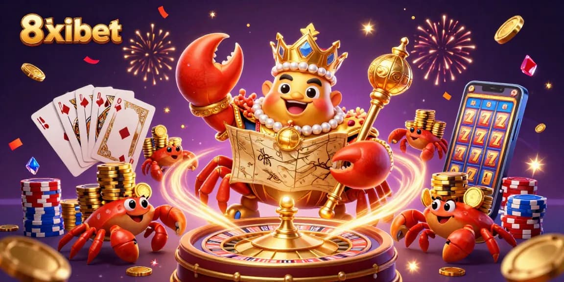 Engage with 8xbet's exciting gaming world featuring a golden crab emperor amidst lavish casino elements.