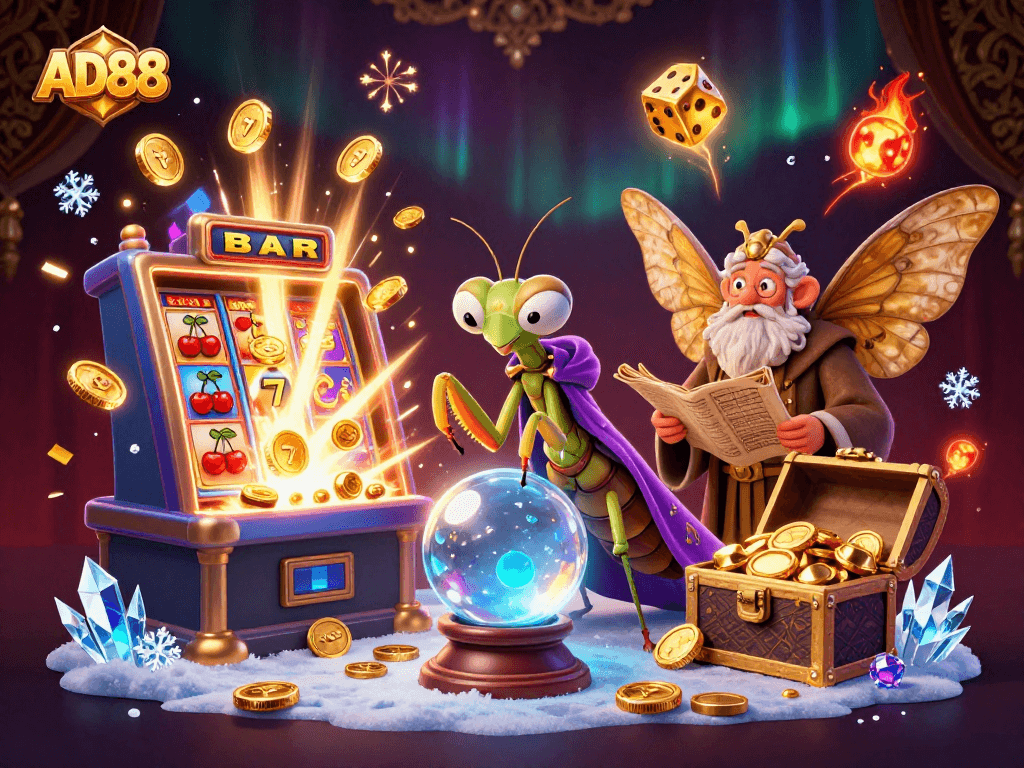 Engage with AD88 through a vibrant 3D casino scene bursting with luck and magic, showcasing slot machines and fortune tellers.