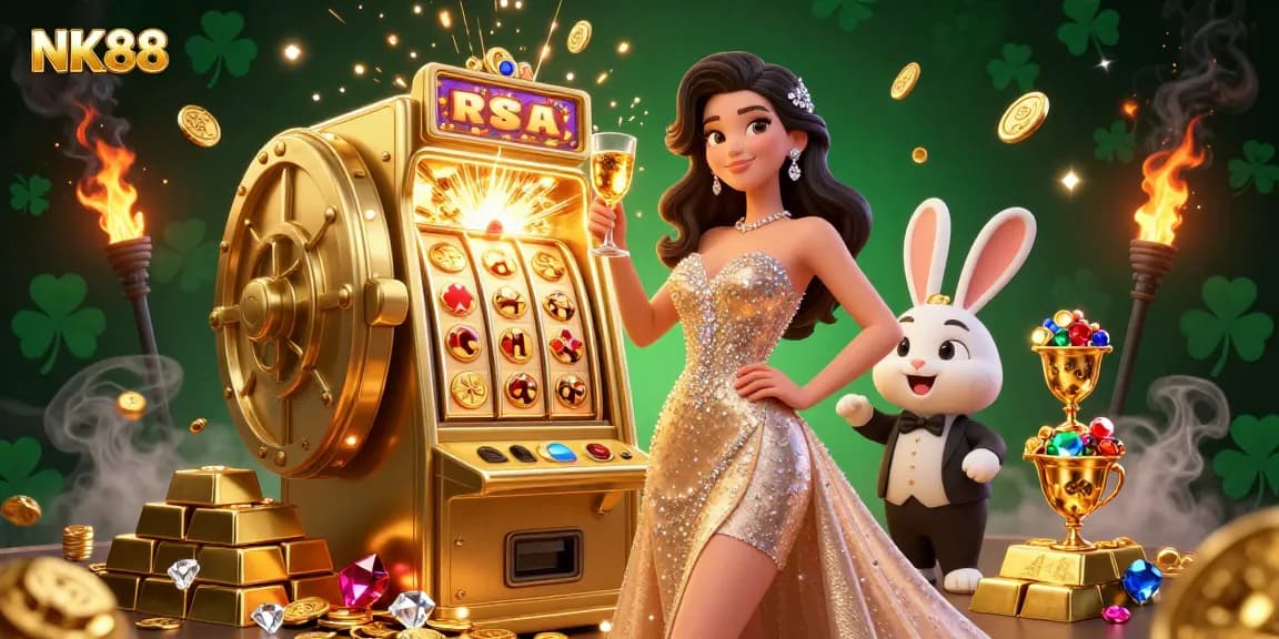 Celebrate winning moments at NK88, featuring a stunning scene with a golden jackpot slot and sparkling treasures.
